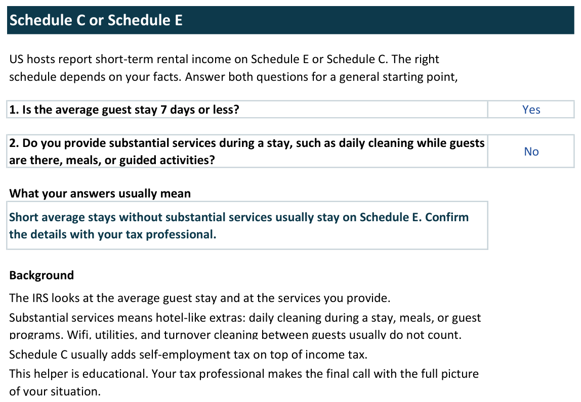 StaySums Schedule C versus Schedule E helper with two questions