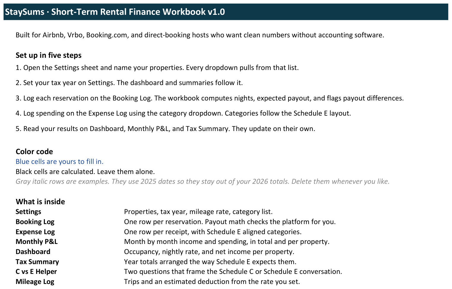 StaySums step-by-step setup sheet